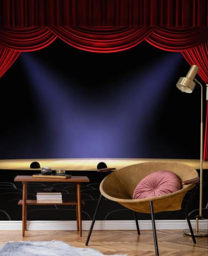 red curtains on a stage wall mural