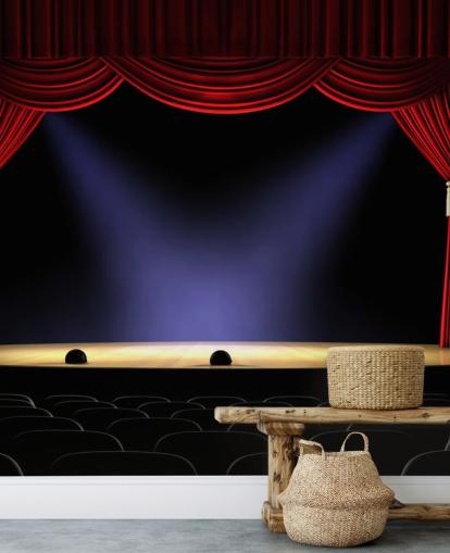 red curtains on a stage wall mural