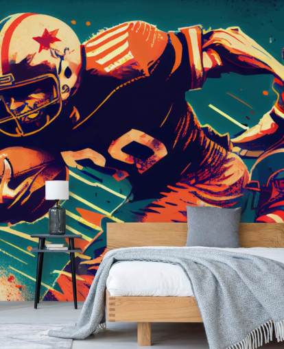 rode en blauwe NFL behangmuurschildering genaamd Breaking a Tackle voor slaapkamers en thuiskantoren