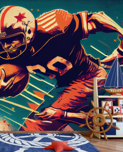 mural de papel de parede vermelho e azul da NFL chamado Breaking a Tackle para quartos e escritórios domésticos