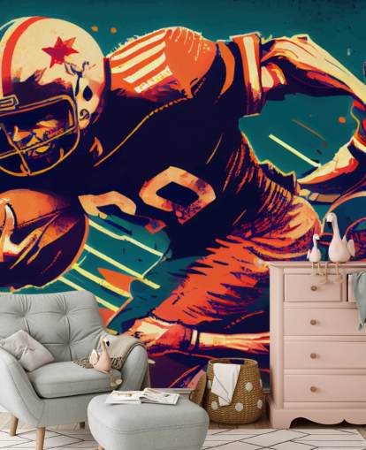 red and blue NFL wallpaper mural called Breaking a Tackle for bedrooms and home offices