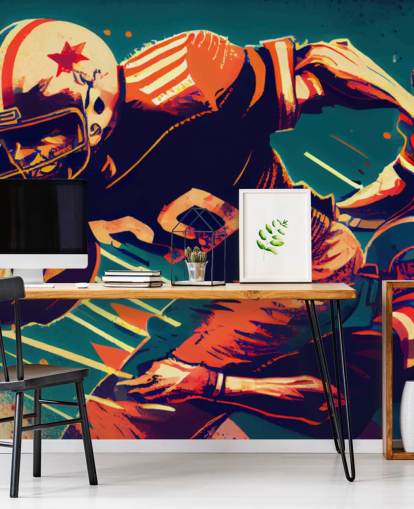 mural de papel de parede vermelho e azul da NFL chamado Breaking a Tackle para quartos e escritórios domésticos