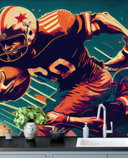 rødt og blåt NFL tapetmaleri kaldet Breaking a Tackle til soveværelser og hjemmekontorer