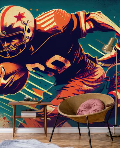 red and blue NFL wallpaper mural called Breaking a Tackle for bedrooms and home offices