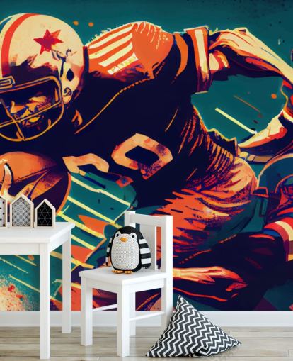 rode en blauwe NFL behangmuurschildering genaamd Breaking a Tackle voor slaapkamers en thuiskantoren