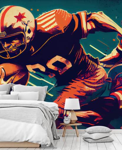 mural de papel de parede vermelho e azul da NFL chamado Breaking a Tackle para quartos e escritórios domésticos