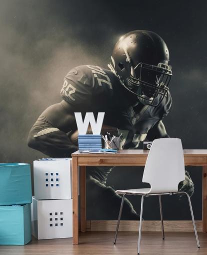 donkere American football-muurschildering genaamd Smokey American Footballer voor tienerkamers en schoolsportscholen