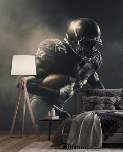dunkles American Football-Wandbild namens Smokey American Footballer für Jugendzimmer und Schulturnhallen