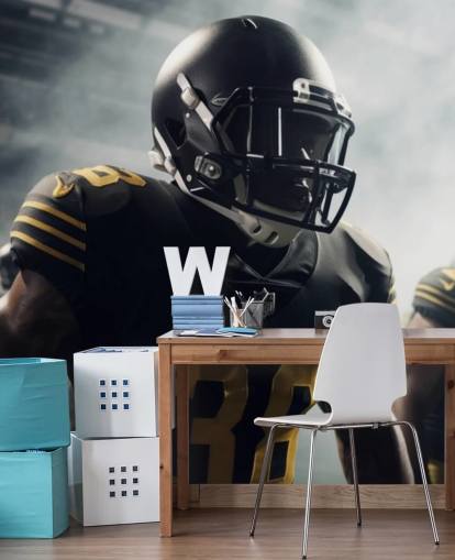 murale scuro con motivo football americano chiamato Preparing for Battle per camere da letto, uffici domestici, palestre e scuole