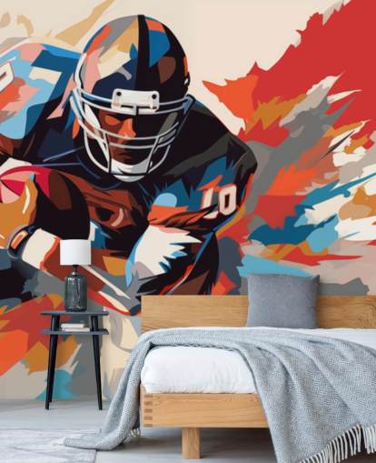 mural de pared de fútbol americano azul y naranja llamado American Football Player Illustration para dormitorios de adolescentes, oficinas en casa y cuevas de hombres