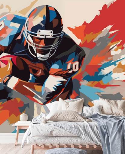 mural de pared de fútbol americano azul y naranja llamado American Football Player Illustration para dormitorios de adolescentes, oficinas en casa y cuevas de hombres