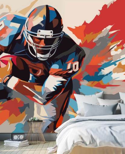 blue and orange american football wall mural called American Football Player Illustration for teen bedrooms, home offices and man caves