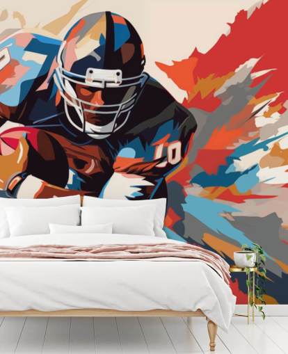 blaues und orangefarbenes American Football-Wandbild mit dem Titel American Football Player Illustration für Jugendzimmer, Heimbüros und Männerhöhlen blaues und orangefarbenes American Football-Wandbild mit dem Titel American Football Player Illustration für Jugendzimmer, Heimbüros und Männerhöhlen