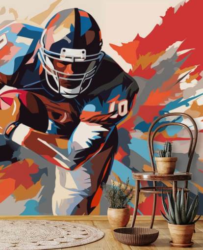 mural de pared de fútbol americano azul y naranja llamado American Football Player Illustration para dormitorios de adolescentes, oficinas en casa y cuevas de hombres