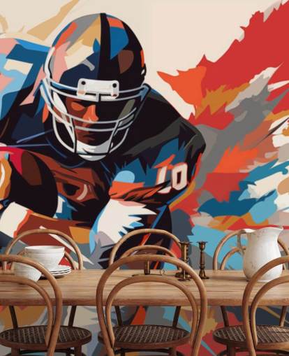 blå og oransje amerikansk fotball veggmaleri kalt American Football Player Illustration for tenåringssoverom, hjemmekontorer og mannshuler