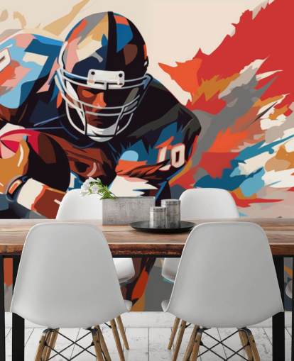 blaues und orangefarbenes American Football-Wandbild mit dem Titel American Football Player Illustration für Jugendzimmer, Heimbüros und Männerhöhlen blaues und orangefarbenes American Football-Wandbild mit dem Titel American Football Player Illustration für Jugendzimmer, Heimbüros und Männerhöhlen
