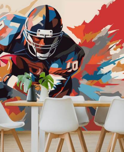 blauwe en oranje American football-muurschildering genaamd American Football Player Illustration voor tienerkamers, thuiskantoren en mangrotten