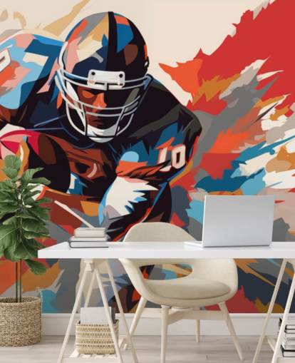 blauwe en oranje American football-muurschildering genaamd American Football Player Illustration voor tienerkamers, thuiskantoren en mangrotten blauwe en oranje American football-muurschildering genaamd American Football Player Illustration voor tienerkamers, thuiskantoren en mangrotten