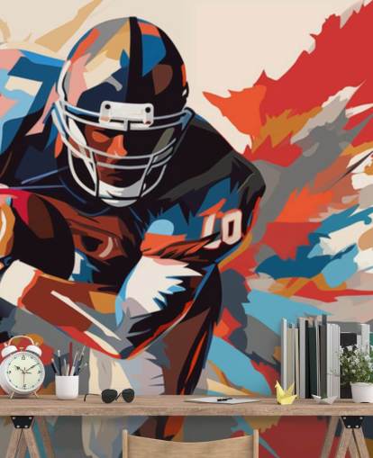 mural de pared de fútbol americano azul y naranja llamado American Football Player Illustration para dormitorios de adolescentes, oficinas en casa y cuevas de hombres mural de pared de fútbol americano azul y naranja llamado American Football Player Illustration para dormitorios de adolescentes, oficinas en casa y cuevas de hombres