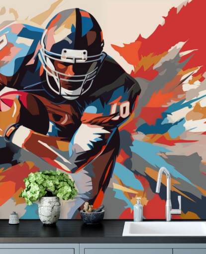 fresque murale de football américain bleue et orange appelée American Football Player Illustration pour les chambres d'adolescents, les bureaux à domicile et les grottes pour hommes