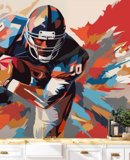 fresque murale de football américain bleue et orange appelée American Football Player Illustration pour les chambres d'adolescents, les bureaux à domicile et les grottes pour hommes