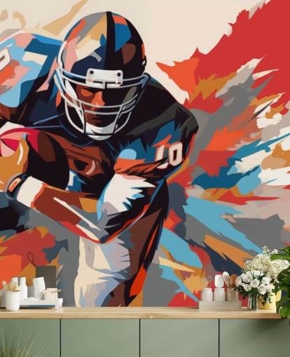 murale blu e arancione di football americano chiamato American Football Player Illustrazione per camere da letto per adolescenti, uffici domestici e grotte maschili