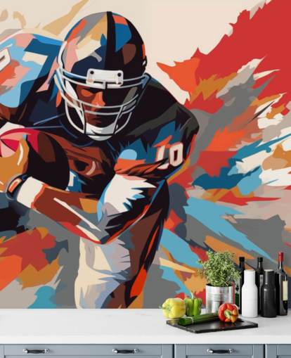 blue and orange american football wall mural called American Football Player Illustration for teen bedrooms, home offices and man caves