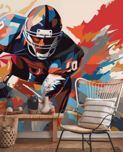murale blu e arancione di football americano chiamato American Football Player Illustrazione per camere da letto per adolescenti, uffici domestici e grotte maschili