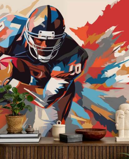 sininen ja oranssi amerikkalaisen jalkapallon seinämaalaus nimeltä American Football Player Illustration teini-ikäisten makuuhuoneisiin, kotitoimistoihin ja miesten luoliin