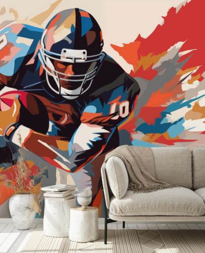 murale blu e arancione di football americano chiamato American Football Player Illustrazione per camere da letto per adolescenti, uffici domestici e grotte maschili