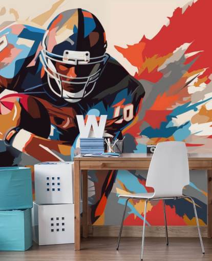 blå og orange amerikansk fodbold vægmaleri kaldet American Football Player Illustration til teenagersoveværelser, hjemmekontorer og mandshuler