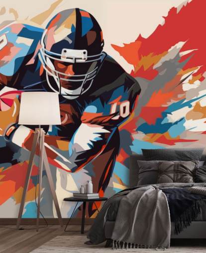 blaues und orangefarbenes American Football-Wandbild mit dem Titel American Football Player Illustration für Jugendzimmer, Heimbüros und Männerhöhlen