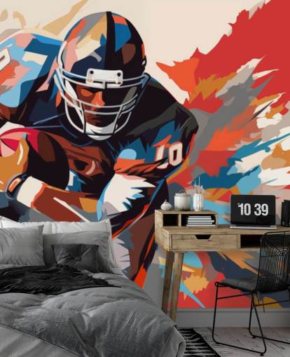 fresque murale de football américain bleue et orange appelée American Football Player Illustration pour les chambres d'adolescents, les bureaux à domicile et les grottes pour hommes