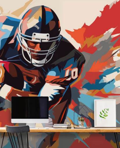 blaues und orangefarbenes American Football-Wandbild mit dem Titel American Football Player Illustration für Jugendzimmer, Heimbüros und Männerhöhlen