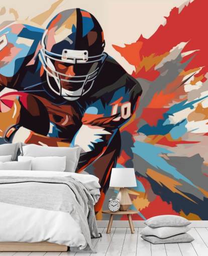 blaues und orangefarbenes American Football-Wandbild mit dem Titel American Football Player Illustration für Jugendzimmer, Heimbüros und Männerhöhlen