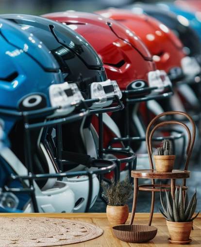 NFL-taustakuvamaalaus nimeltään American Football Helmets teini-ikäisten makuuhuoneisiin