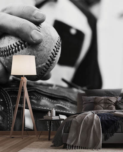 black and white baseball wall mural called Warming Up for bedrooms and schools