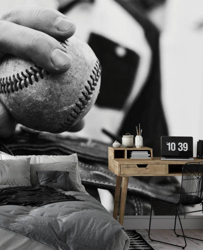 murale da parete in bianco e nero con baseball chiamato Warming Up per camere da letto e scuole murale da parete in bianco e nero con baseball chiamato Warming Up per camere da letto e scuole