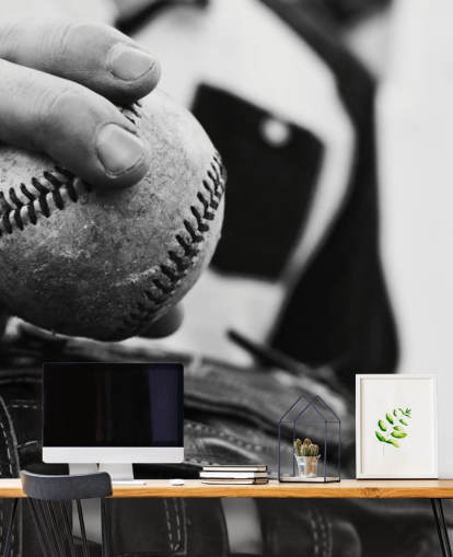 black and white baseball wall mural called Warming Up for bedrooms and schools