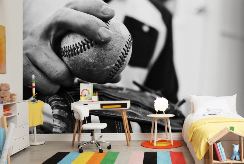 black and white baseball wall mural called Warming Up for bedrooms and schools