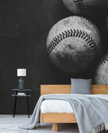 black and white baseball wallpaper mural called Black and White Baseballs for bedrooms, man caves and schools black and white baseball wallpaper mural called Black and White Baseballs for bedrooms, man caves and schools