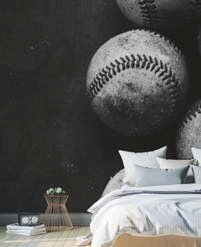 mural de papel pintado de béisbol en blanco y negro llamado Pelotas de béisbol en blanco y negro para dormitorios, cuevas de hombres y escuelas