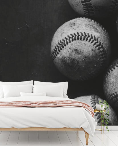black and white baseball wallpaper mural called Black and White Baseballs for bedrooms, man caves and schools
