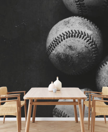 black and white baseball wallpaper mural called Black and White Baseballs for bedrooms, man caves and schools