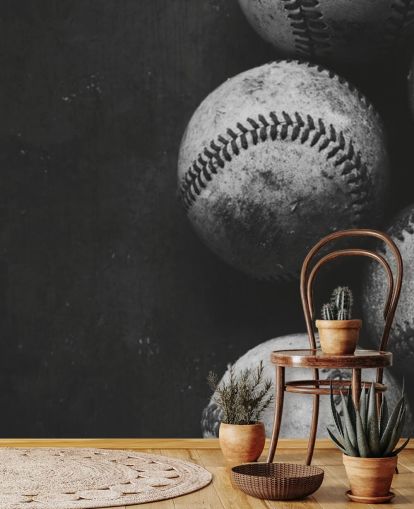 black and white baseball wallpaper mural called Black and White Baseballs for bedrooms, man caves and schools black and white baseball wallpaper mural called Black and White Baseballs for bedrooms, man caves and schools
