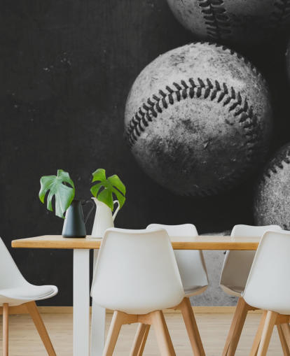 black and white baseball wallpaper mural called Black and White Baseballs for bedrooms, man caves and schools