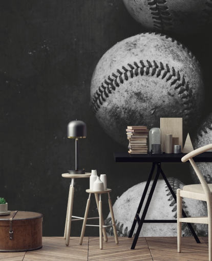 black and white baseball wallpaper mural called Black and White Baseballs for bedrooms, man caves and schools
