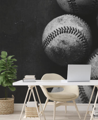 black and white baseball wallpaper mural called Black and White Baseballs for bedrooms, man caves and schools