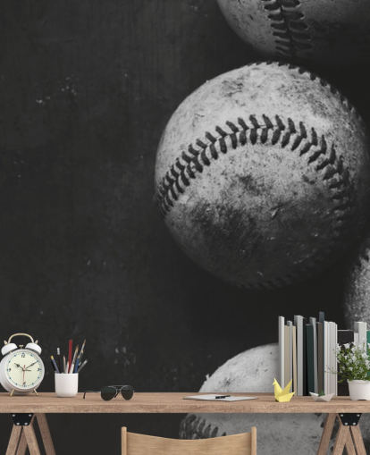black and white baseball wallpaper mural called Black and White Baseballs for bedrooms, man caves and schools black and white baseball wallpaper mural called Black and White Baseballs for bedrooms, man caves and schools
