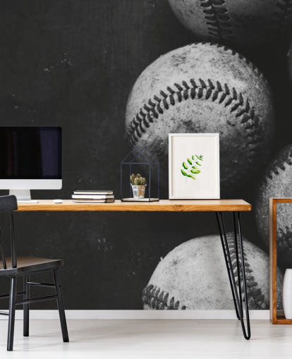 sort/hvid baseball tapet vægmaleri kaldet Black and White Baseballs til soveværelser, mandshuler og skoler